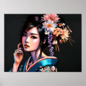 Pasteltekening Mooie Aziatische Vrouw Kimono Poster (Voorkant)