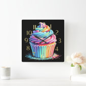 Pasteltekening Regenboogkronkel Belegde Cupcake Vierkante Klok (Huis)