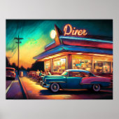 Pasteltekening Roadside Diner en Auto Poster (Voorkant)