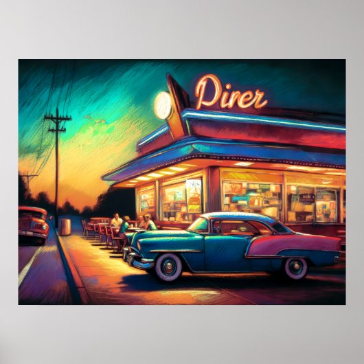 Pasteltekening Roadside Diner en Auto Poster (Voorkant)