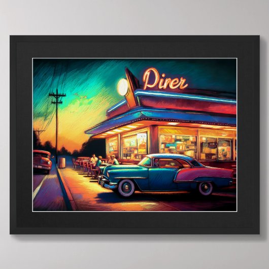Pasteltekening Roadside Diner en Auto Poster