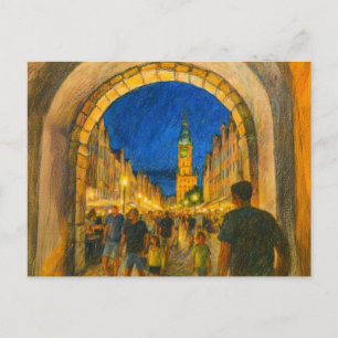 Pasteltekening van Danziger stadspoort zicht op Ne Feestdagenkaart