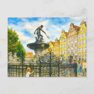 Pasteltekening van Danzigs Neptunusfontein op Lang Feestdagenkaart