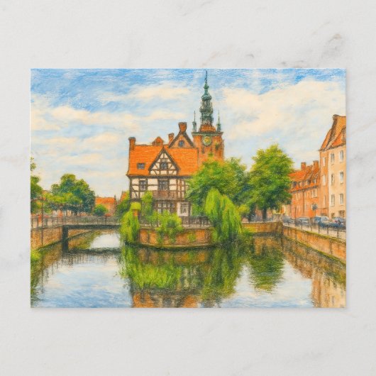 Pasteltekening van de oude molen van Danzig op Rad Feestdagenkaart (Voorkant)