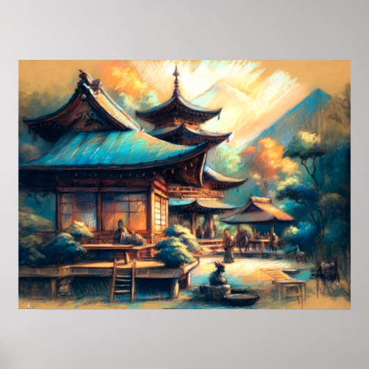 Pasteltekening van het oude Chinese dorp Poster (Voorkant)