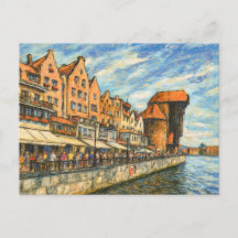 Pasteltekening van historische kraanpoort in Danzi