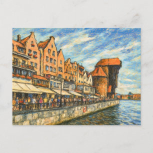 Pasteltekening van historische kraanpoort in Danzi Feestdagenkaart