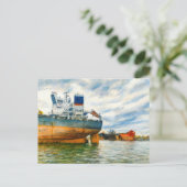Pasteltekening van vrachtschip in de haven van het feestdagenkaart (Staand voorkant)