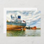 Pasteltekening van vrachtschip in de haven van het feestdagenkaart (Voorkant / Achterkant)