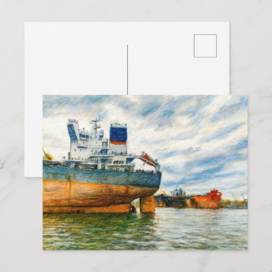 Pasteltekening van vrachtschip in de haven van het feestdagenkaart (Voorkant / Achterkant)