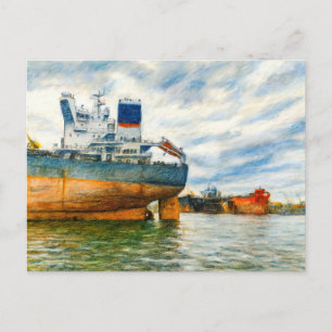 Pasteltekening van vrachtschip in zeehaven van Dan Feestdagenkaart
