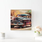 Pasteltekening vintage auto 1950 vierkante klok (Huis)
