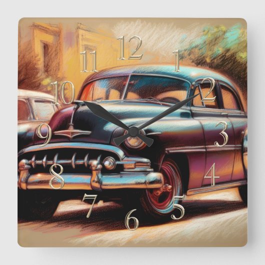 Pasteltekening vintage auto 1950 vierkante klok (Voorkant)