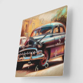 Pasteltekening vintage auto 1950 vierkante klok (Hoek)