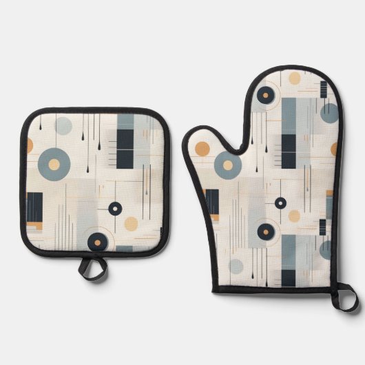 Pasteltinten midden van de eeuw geometrisch patroo ovenwant & pannenlap set (Voorkant)