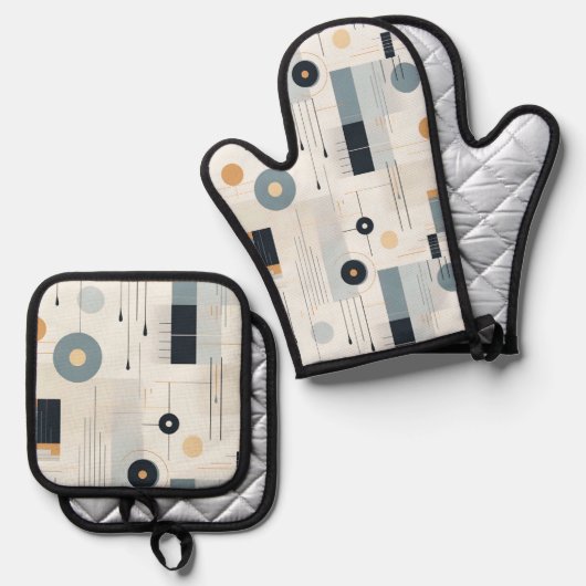 Pasteltinten midden van de eeuw geometrisch patroo ovenwant & pannenlap set (Voorkant / Achterkant)