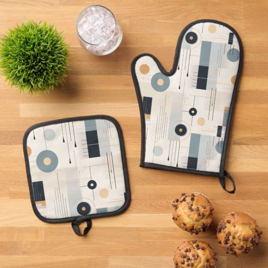 Pasteltinten midden van de eeuw geometrisch patroo ovenwant & pannenlap set (Top down)