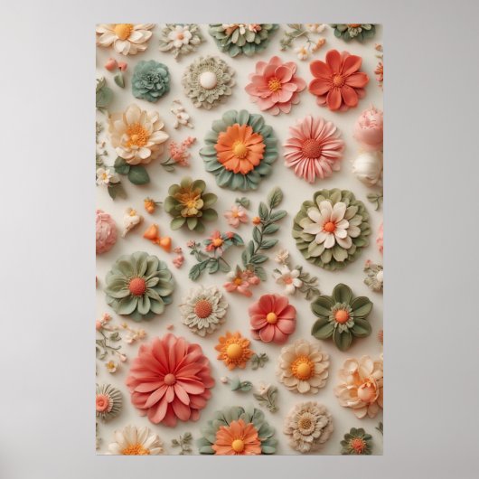 Pasteltuin: handgemaakte 3D-bloemenflat lay Poster (Voorkant)