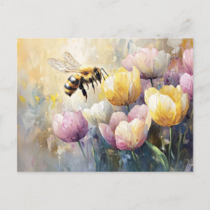 Pasteltulpen en een honingbij briefkaart