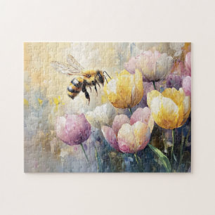 Pasteltulpen en een honingbij legpuzzel