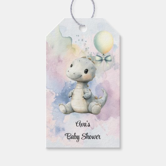 Pastelverf Splash Schattige dinosaurus Baby shower Cadeaulabel (Voorkant)