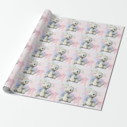 Pastelverf Splash Schattige dinosaurus Baby shower Cadeaupapier (Uitgerold)