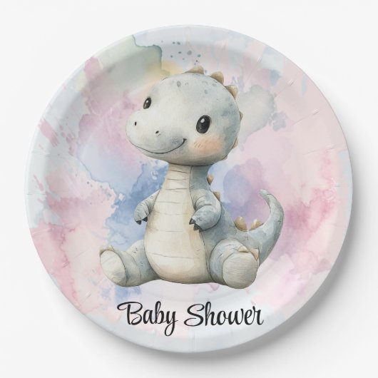 Pastelverf Splash Schattige dinosaurus Baby shower Papieren Bordje (Voorkant)