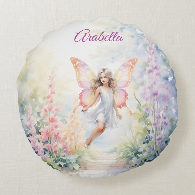  pastelvlinderfee in Flower Garden Rond Kussen (Achterkant)