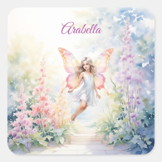  pastelvlinderfee in Flower Garden Vierkante Sticker (Voorkant)