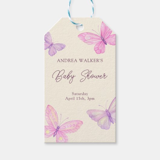 Pastelvlinders Roze Paarse Baby shower Cadeaulabel (Voorkant)
