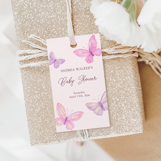 Pastelvlinders Roze Paarse Baby shower Cadeaulabel