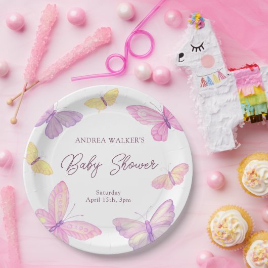 Pastelvlinders Roze Paarse Baby shower Papieren Bordje (Feest)