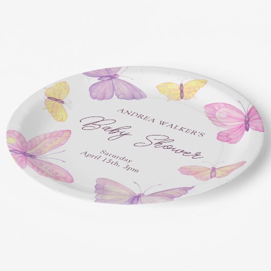 Pastelvlinders Roze Paarse Baby shower Papieren Bordje (Gekanteld)