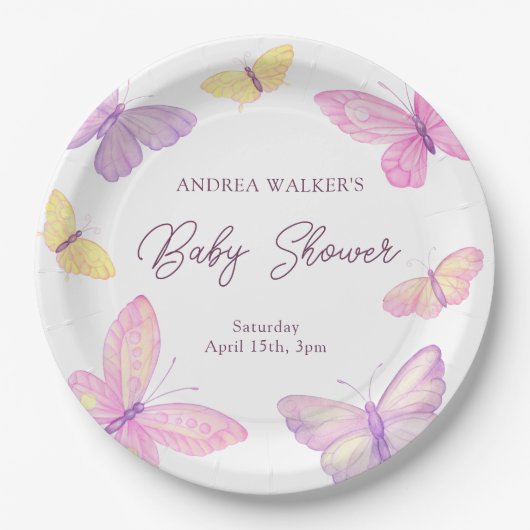 Pastelvlinders Roze Paarse Baby shower Papieren Bordje (Voorkant)