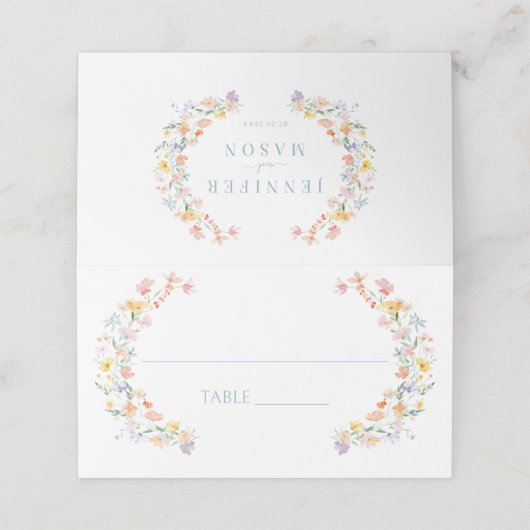 Pastelweide Wild Flower Spring Wedding Plaatskaartje (Buitenkant ongevouwen)