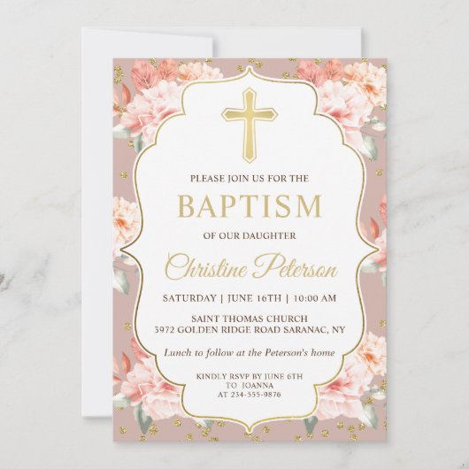 pastkoraal Floral Gold Cross-Girl Baptisme Kaart (Voorkant)