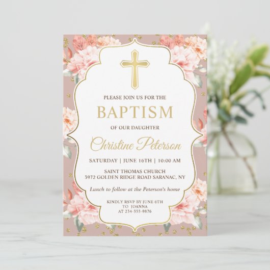 pastkoraal Floral Gold Cross-Girl Baptisme Kaart (Staand voorkant)