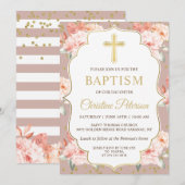 pastkoraal Floral Gold Cross-Girl Baptisme Kaart (Voorkant / Achterkant)