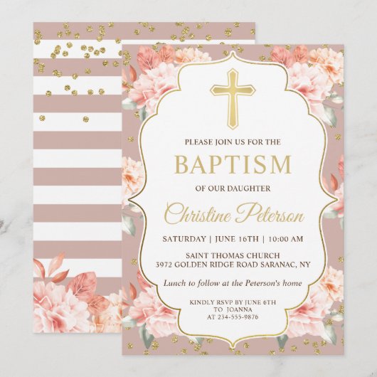 pastkoraal Floral Gold Cross-Girl Baptisme Kaart (Voorkant / Achterkant)