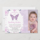 Pastle Paarse Glitter Photo Butterfly 1st Birthday Kaart (Voorkant)
