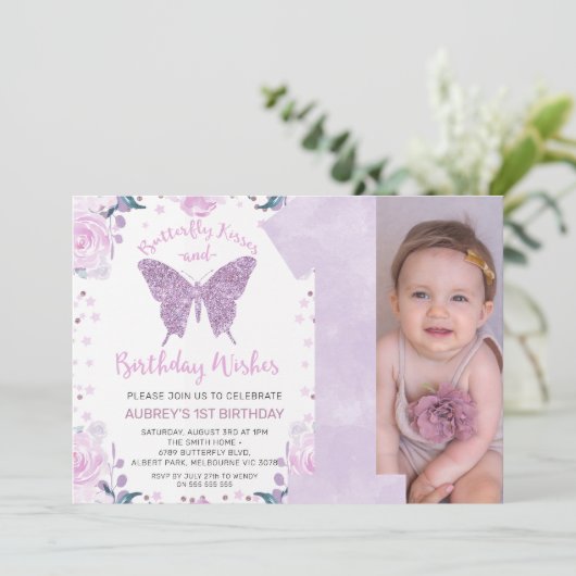 Pastle Paarse Glitter Photo Butterfly 1st Birthday Kaart (Staand voorkant)