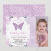 Pastle Paarse Glitter Photo Butterfly 1st Birthday Kaart (Voorkant / Achterkant)