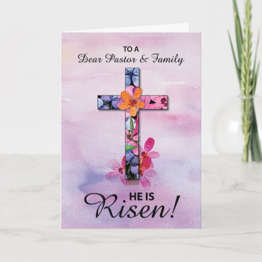 Pastoor en Familie Pasen Hij is Risen Cross Flower Kaart (Voorkant)