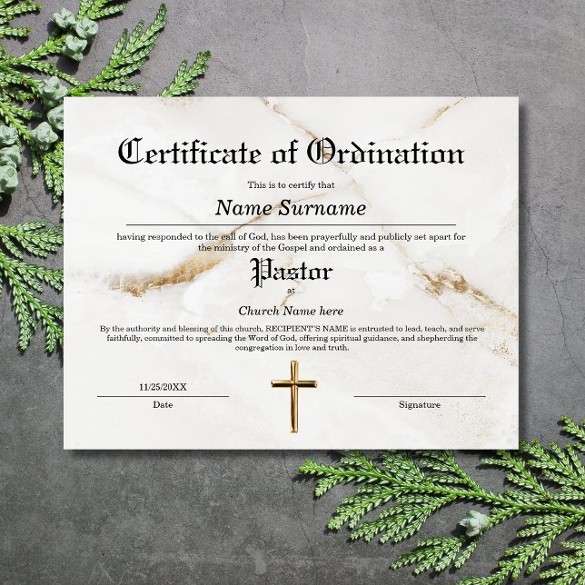 Pastor Church Certificaat van Ordinatie (certificate of ordination with white marble background and a gold cross)