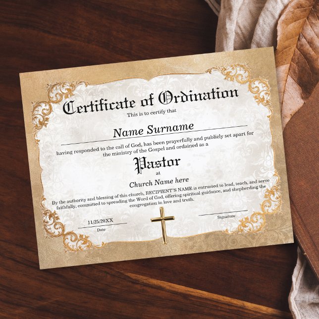 Pastor Church Certificaat van Ordinatie (pastor ordination certificate with golden frame with swirls)