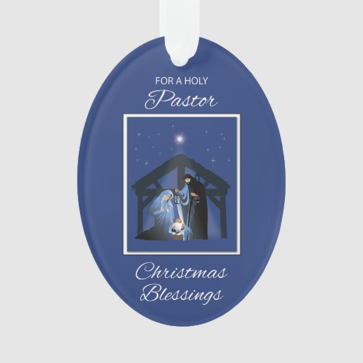 Pastor Kerst Zegeningen Manger op Blauw Ornament (voorkant)