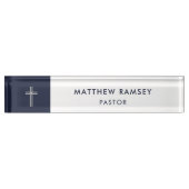 Pastor Modern Minimal Cross Navy White Church Naambordje (Voorkant)