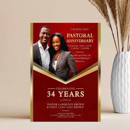 Pastoral Anniversary Red & Gold Frame Church  Flyer
