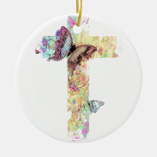 Pastorale bloemkruis en vlinders keramisch ornament (Voorkant)