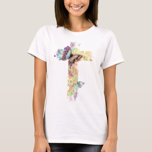 Pastorale bloemkruis en vlinders t-shirt (Voorkant)
